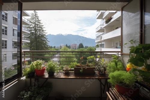 balcony with window garden and view of mountain range  created with generative ai