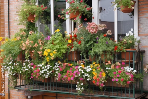 window garden overflowing with blooms, spilling over the balcony railing, created with generative ai © altitudevisual