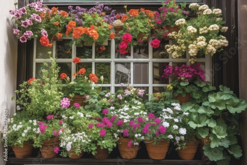window garden overflowing with blooms and greenery, created with generative ai
