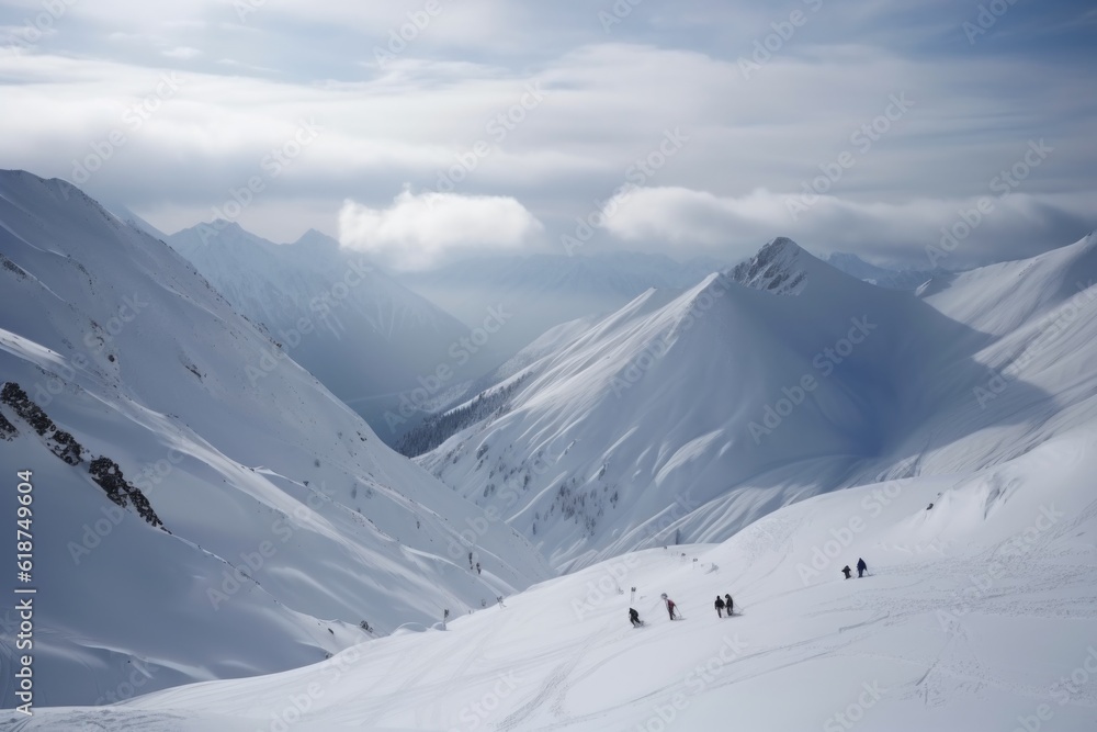snowy mountain range, with skiers and snowboarders enjoying the powder, created with generative ai