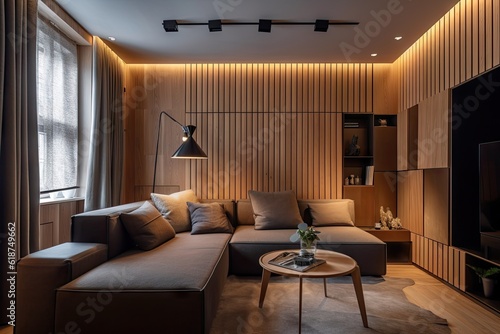 cozy apartment with wood-paneled walls and designer lighting  created with generative ai