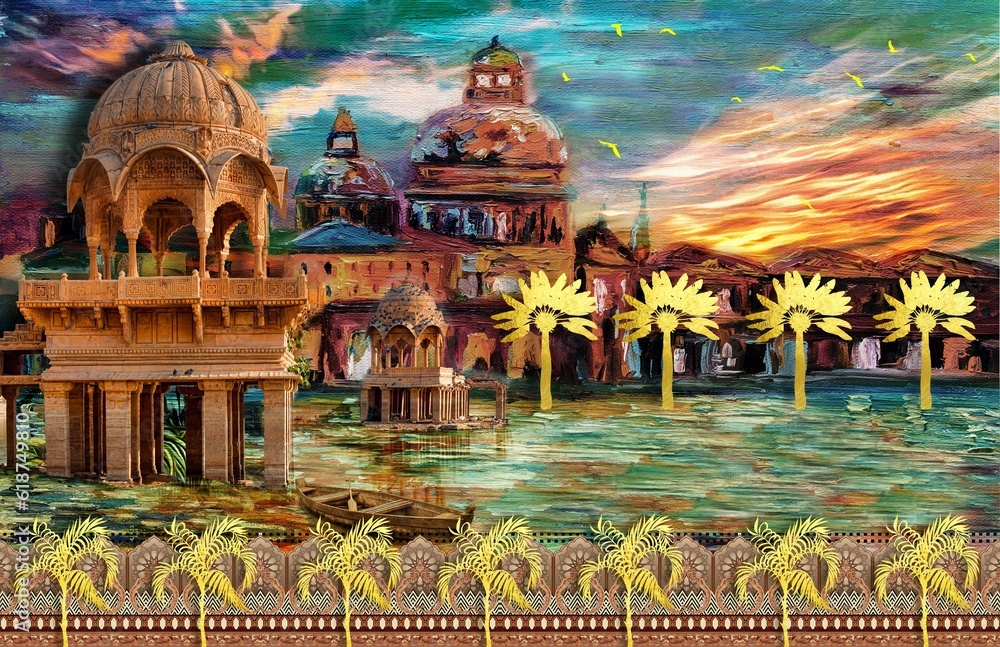 Illustration of a vibrant painting depicting a sun-soaked courtyard surrounded by buildings