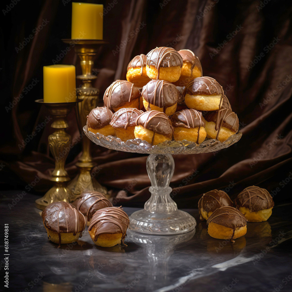 Chocolate dipped pastries on a glass stand, in the style of baroque dramatic lighting Chocolate dipped pastries on a glass stand, in the style of baroque dramatic lighting