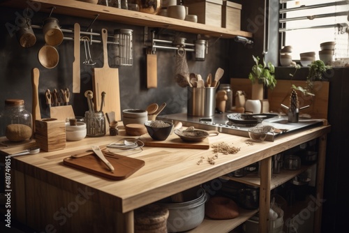 a zero-waste kitchen, with reusable and eco-friendly cooking tools in view, created with generative ai