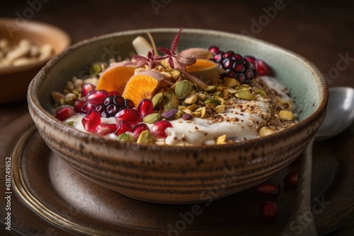 delicately layered breakfast bowl, made with fruit, nuts and seeds, created with generative ai