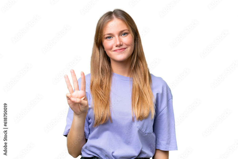 Young beautiful woman over isolated background happy and counting three with fingers Young beautiful woman over isolated background happy and counting three with fingers