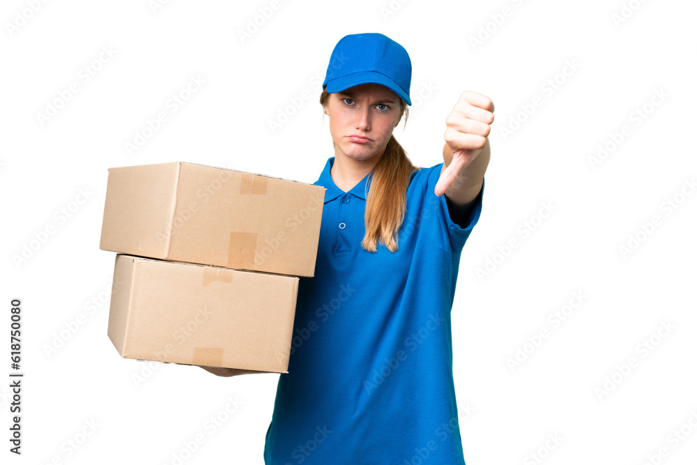 Delivery caucasian woman over isolated background showing thumb down with negative expression Delivery caucasian woman over isolated background showing thumb down with negative expression