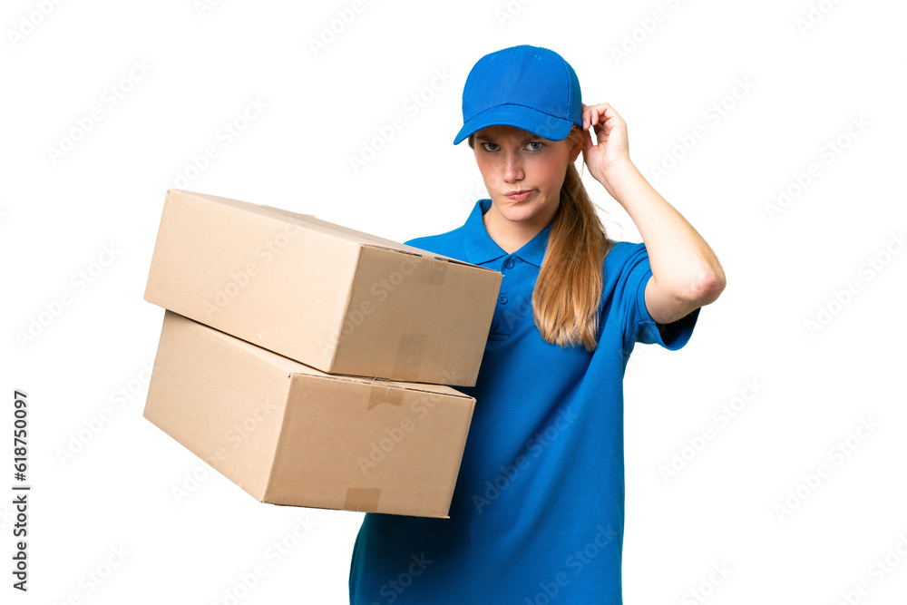 Delivery caucasian woman over isolated background having doubts Delivery caucasian woman over isolated background having doubts
