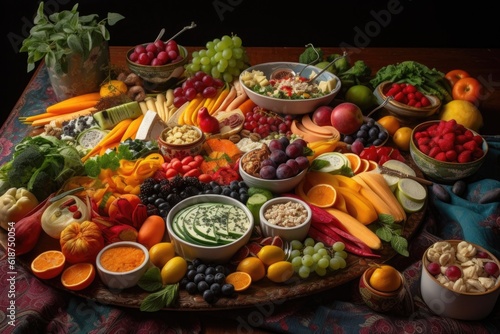 covered platter of colorful vegetables, fruits, and cheeses, created with generative ai