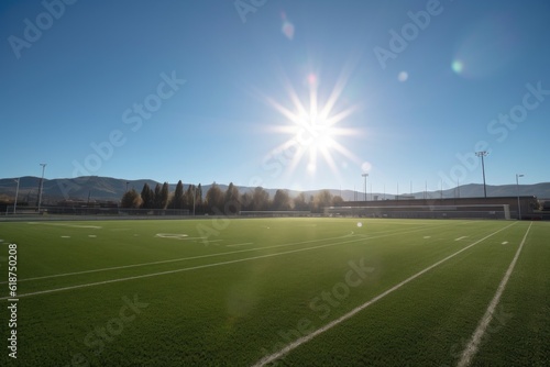 athletic field, with the sun shining down upon it, and clear blue sky above, created with generative ai