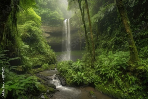 majestic waterfall surrounded by lush greenery  with cascading water and mist  created with generative ai