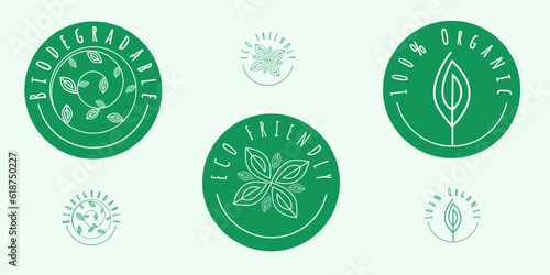 Sustainability sticker, signs. Organic, eco friendly, biodegradable. Planet health, earth. Sustainable green stickers, labels.