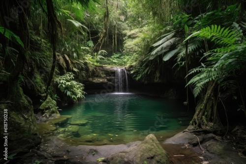 majestic waterfall cascading into natural swimming hole surrounded by lush greenery, created with generative ai