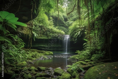 majestic waterfall surrounded by lush greenery  created with generative ai