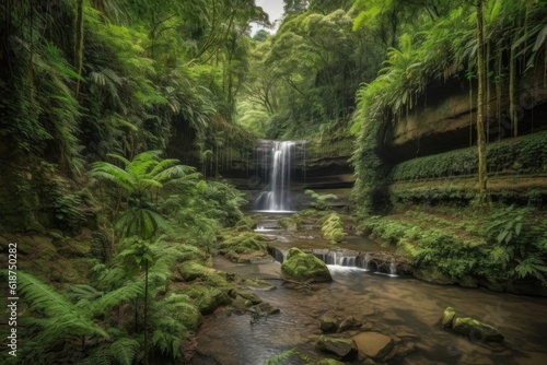 cascading waterfalls surrounded by lush greenery and towering trees, created with generative ai