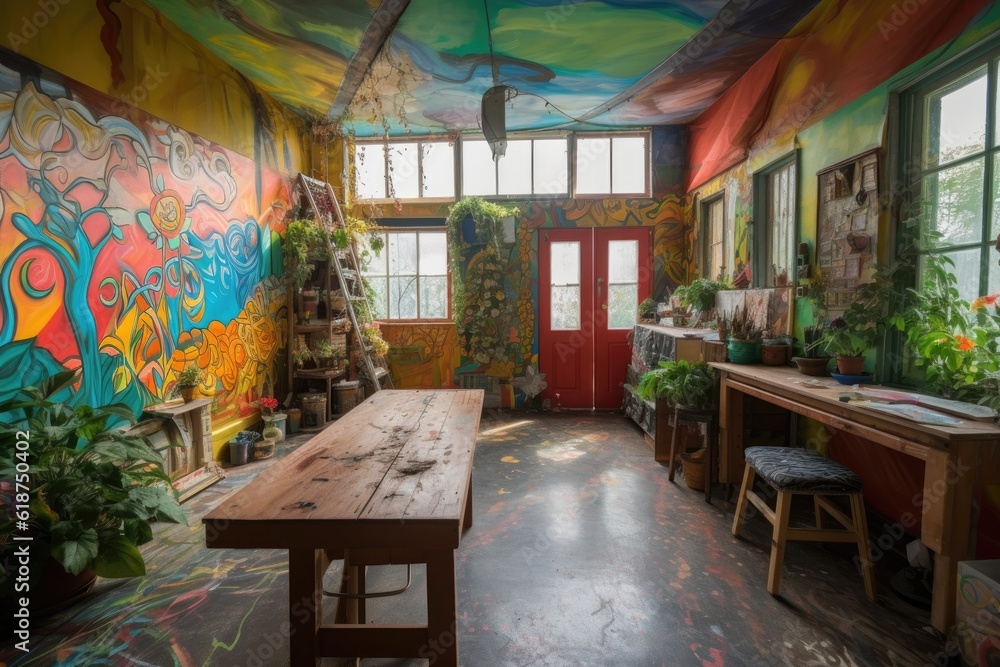 Fototapeta premium inside of an art studio, with vibrant murals and paintings on the walls, created with generative ai