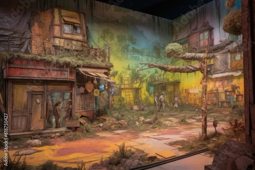 postapocalyptic wasteland, with colorful murals depicting a better world, created with generative ai