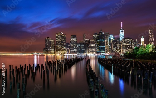 Manhattan skyline after sunset seen from Brooklyn.