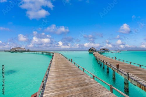 Maldives paradise panoramic coast. Tropical aerial seascape closeup wooden pier water villas  amazing sea happy sky. Exotic nature. Tranquil travel landscape peaceful bright summer vacation background