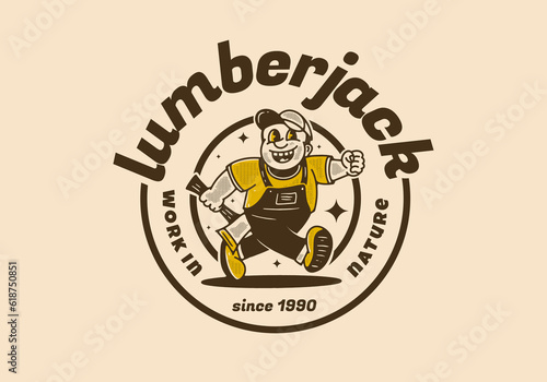 Vintage drawing of the mascot character design of running lumberjack holding ax