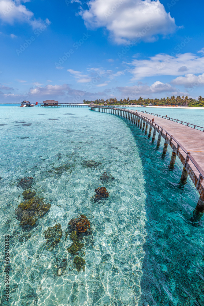 Maldives paradise panoramic coast. Tropical aerial seascape closeup wooden pier water villas, amazing sea happy sky. Exotic nature. Tranquil travel landscape peaceful bright summer vacation background