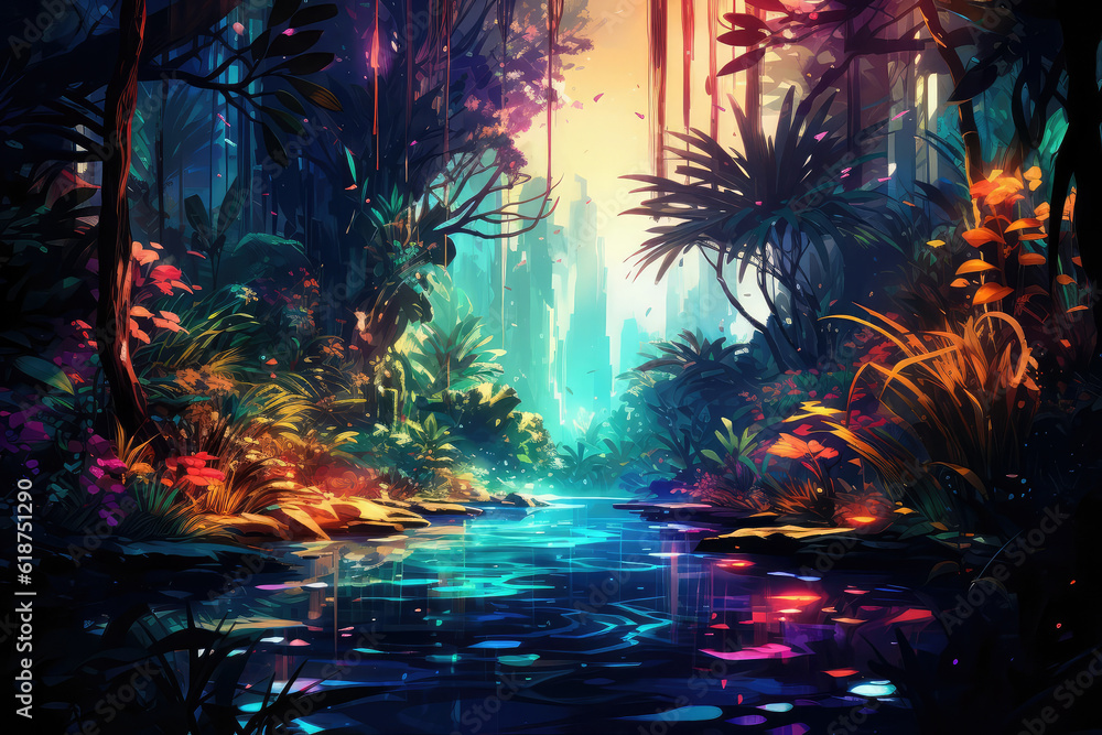 A artwork depicting a mystical waterfall hidden deep within a dense forest, where water and light blend, creating a serene and ethereal space in