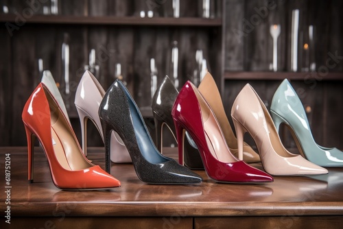 elegant footwear collection, featuring stiletto heels in a variety of colors and styles, created with generative ai
