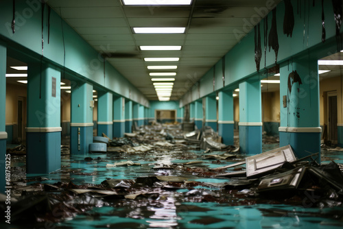 A photograph of an empty and dilapidated hospital corridor, with peeling paint, flickering lights, and a sense of forgotten history in