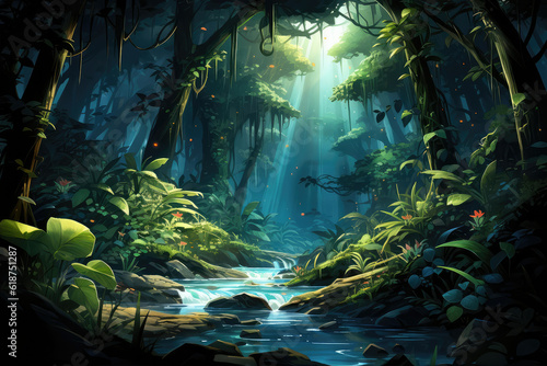 A artwork depicting a mystical waterfall hidden deep within a dense forest  where water and light blend  creating a serene and ethereal space in