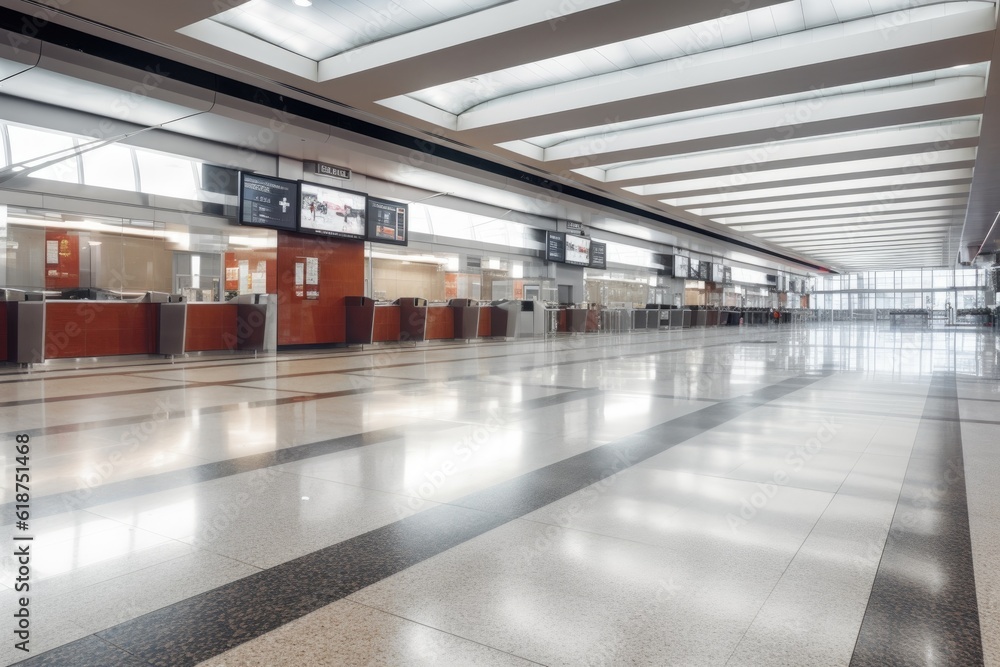 Naklejka premium empty airport terminal with blurred motion of passing people, vehicles, and aircraft, created with generative ai
