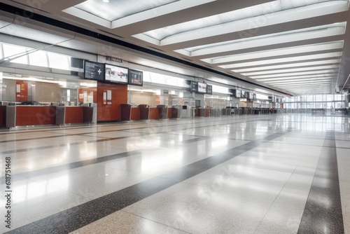 empty airport terminal with blurred motion of passing people, vehicles, and aircraft, created with generative ai