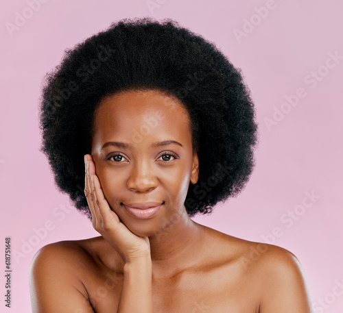 Health, skincare and portrait of black woman with beauty glow, spa treatment or wellness. Dermatology, moisture and African girl or model with afro and cosmetic care isolated on a studio background