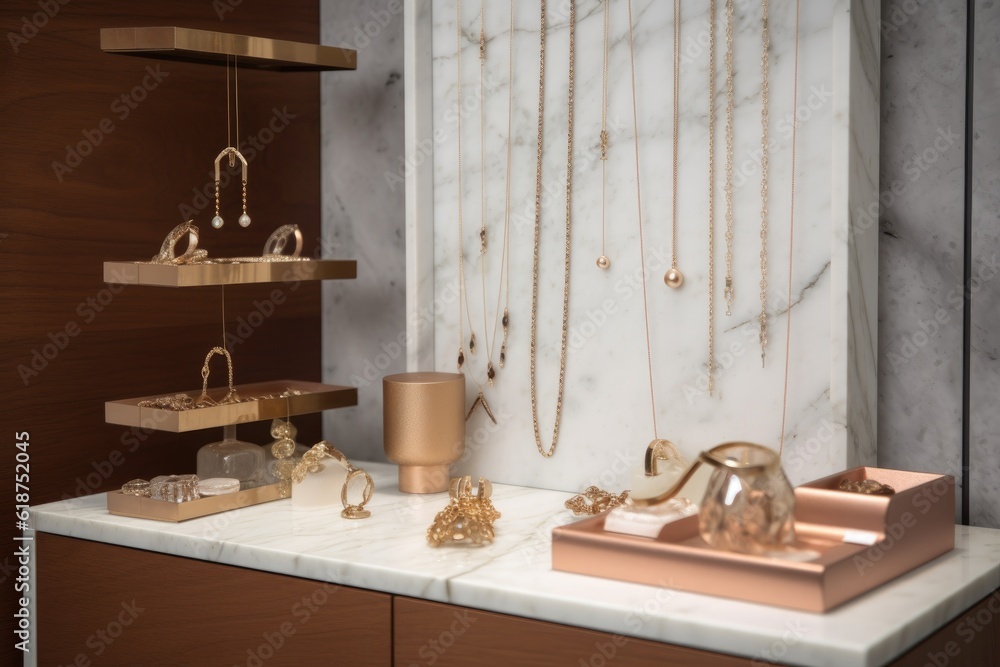 a chic and minimalist jewelry display, featuring delicate necklaces and earrings, created with generative ai