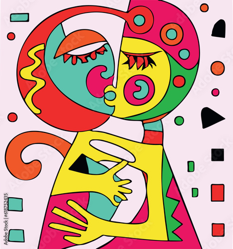 Vector illustration of two abstract individuals kissing in a loving embrace.