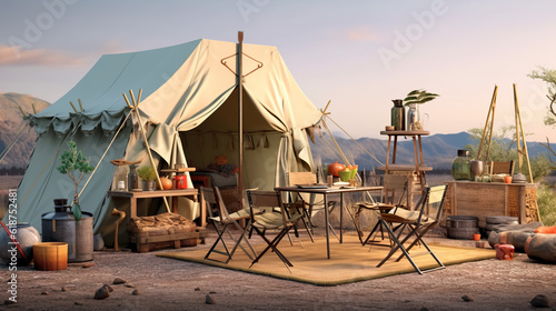 A tent set up in the desert with a table and chairs. Generative AI.