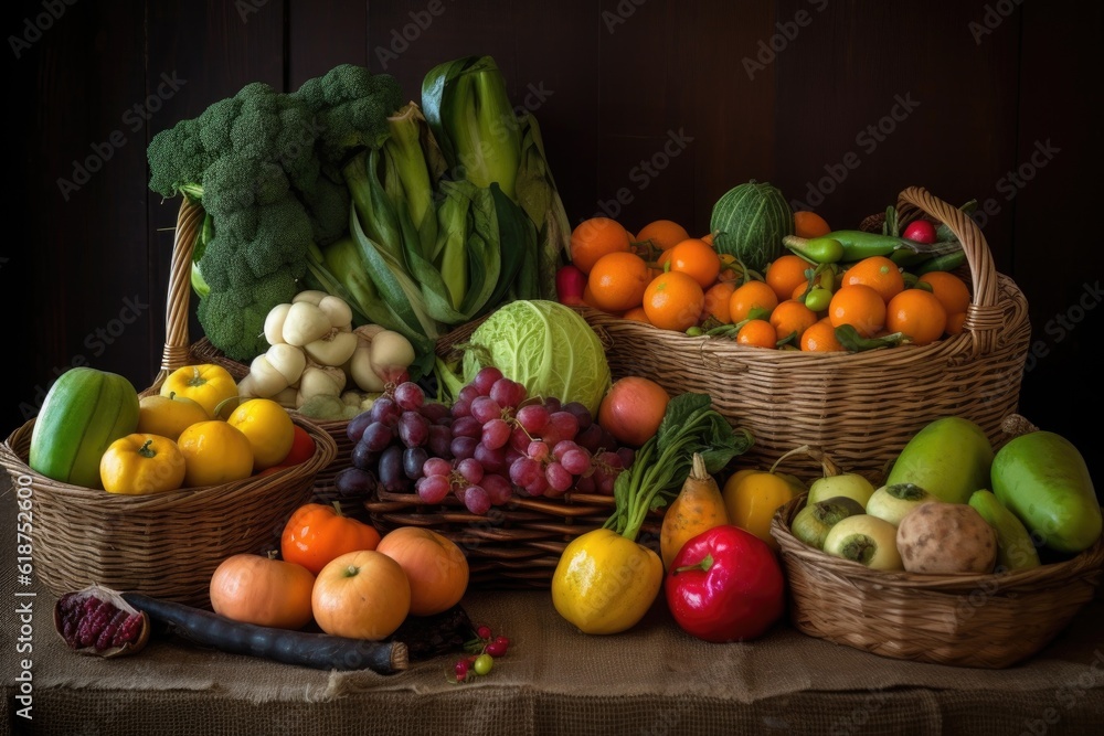 a beautiful arrangement of fresh fruits and vegetables, arranged in a basket, created with generative ai a beautiful arrangement of fresh fruits and vegetables, arranged in a basket, created with generative ai