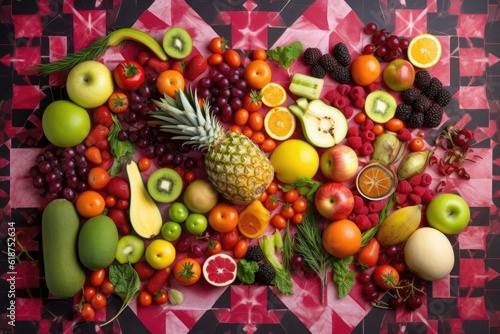 fresh fruits and vegetables arranged in geometric shapes and patterns  created with generative ai