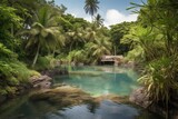 remote island with natural hot springs, surrounded by tropical foliage, created with generative ai