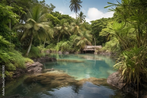remote island with natural hot springs, surrounded by tropical foliage, created with generative ai