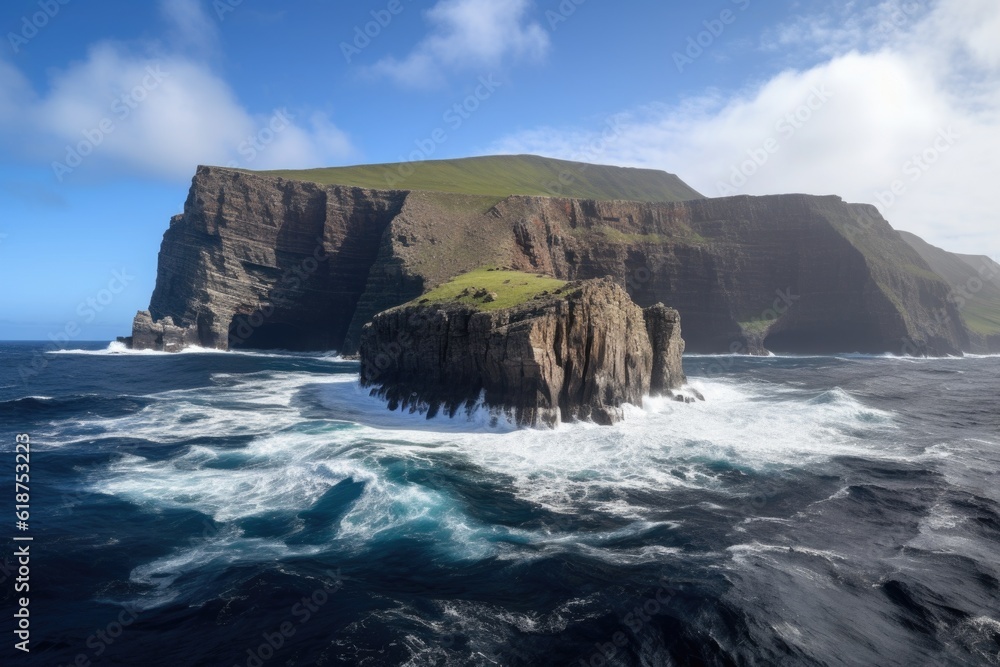 remote island surrounded by towering cliffs, with crashing waves in the background, created with generative ai