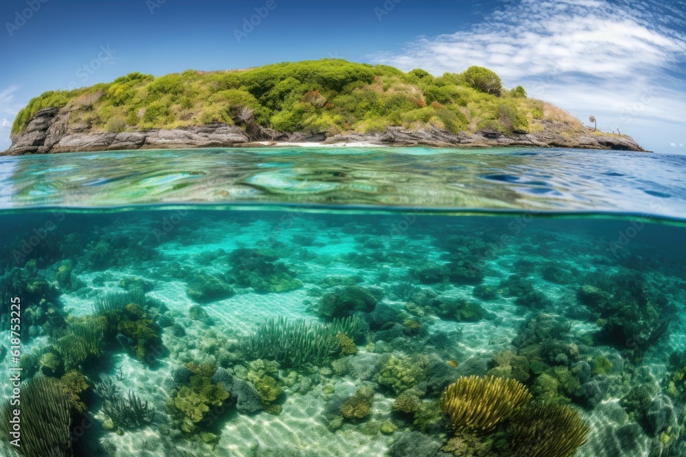 Fototapeta premium remote island with crystal-clear waters and colorful marine life, created with generative ai