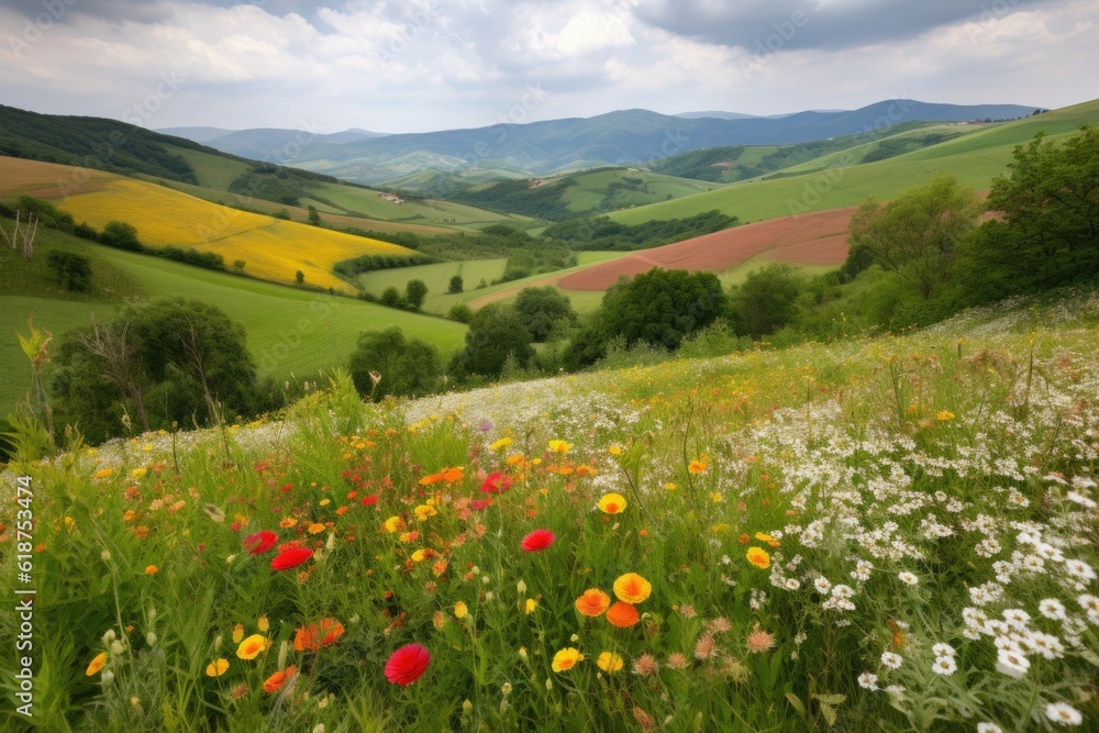 rolling countryside with blooming flowers, a colorful contrast against the green hills, created with generative ai