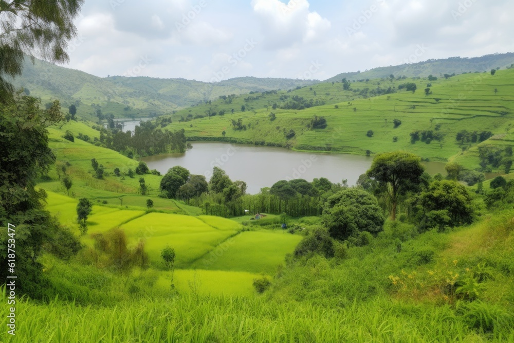 Obraz premium rolling hills with picturesque lake, surrounded by lush and verdant greenery, created with generative ai