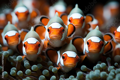 Fotomurale A group of brightly colored clownfish nestled among the coral branches of a vibr