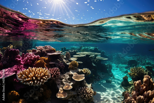 An 8k panoramic view of a majestic coral reef, alive with a kaleidoscope of colorful fish, showcasing the diversity and beauty of marine life