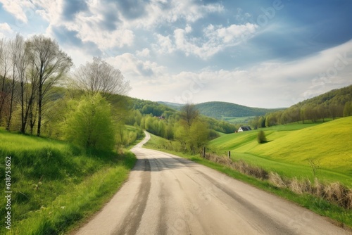 scenic road trip through the rolling hills of a quaint countryside, created with generative ai