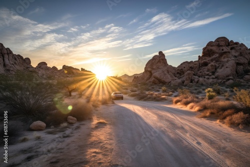 scenic road trip through the desert with cactus, sandstone formations and the sun setting in the background, created with generative ai © altitudevisual