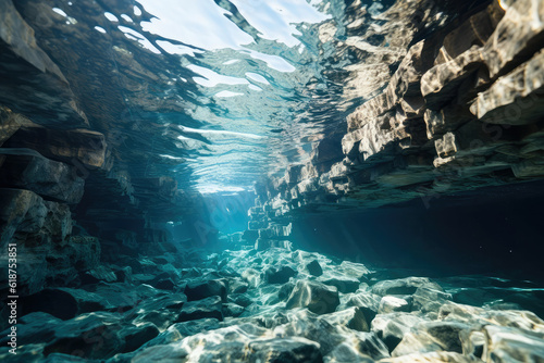 A panoramic view of a coral reef  showcasing the interplay of light and shadows on the vibrant underwater landscape  revealing the hidden depths and mysteries of the coral ecosystem