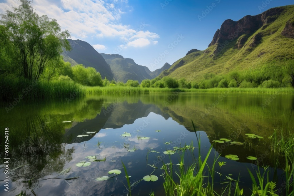 peaceful lake surrounded by lush greenery and towering mountains in the background, created with generative ai