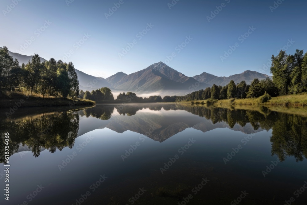 serene lake with reflection of majestic mountain range in the background, created with generative ai